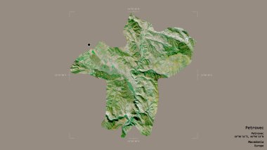 Makedonya Belediyesi Petrovec bölgesi, jeoreferatlı bir sınır kutusunun sağlam bir arka planında izole edilmiş durumda. Etiketler. Uydu görüntüleri. 3B görüntüleme