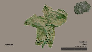Makedonya belediyesi Petrovec 'in başkenti sağlam bir zemin üzerinde izole edilmiş durumda. Uzaklık ölçeği, bölge önizlemesi ve etiketleri. Uydu görüntüleri. 3B görüntüleme