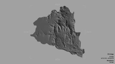 Makedonya belediyesinin Prilep bölgesi, jeoreferatlı bir sınır kutusunda sağlam bir zemin üzerinde izole edilmiş durumda. Etiketler. Çift seviyeli yükseklik haritası. 3B görüntüleme