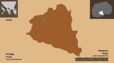 Prilep 'in şekli, Makedonya belediyesi ve başkenti. Uzaklık ölçeği, ön gösterimler ve etiketler. Düzenli desenli dokuların bileşimi. 3B görüntüleme