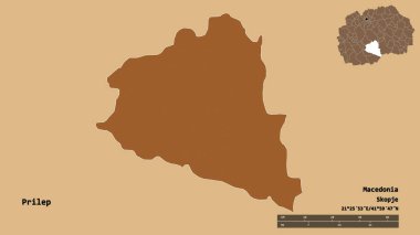 Makedonya 'nın Prilep belediyesi, başkenti sağlam bir zemin üzerinde izole edilmiş durumda. Uzaklık ölçeği, bölge önizlemesi ve etiketleri. Düzenli desenli dokuların bileşimi. 3B görüntüleme