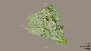 Makedonya belediyesinin Prilep bölgesi, jeoreferatlı bir sınır kutusunda sağlam bir zemin üzerinde izole edilmiş durumda. Etiketler. Uydu görüntüleri. 3B görüntüleme