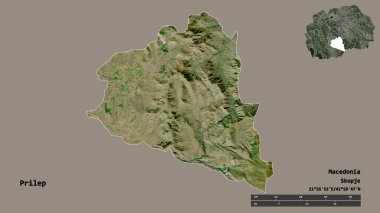 Makedonya 'nın Prilep belediyesi, başkenti sağlam bir zemin üzerinde izole edilmiş durumda. Uzaklık ölçeği, bölge önizlemesi ve etiketleri. Uydu görüntüleri. 3B görüntüleme