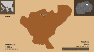 Probistip 'in şekli, Makedonya belediyesi ve başkenti. Uzaklık ölçeği, ön gösterimler ve etiketler. Düzenli desenli dokuların bileşimi. 3B görüntüleme