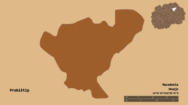 Makedonya 'nın Probistip belediyesi, başkenti sağlam bir zemin üzerinde izole edilmiş durumda. Uzaklık ölçeği, bölge önizlemesi ve etiketleri. Düzenli desenli dokuların bileşimi. 3B görüntüleme