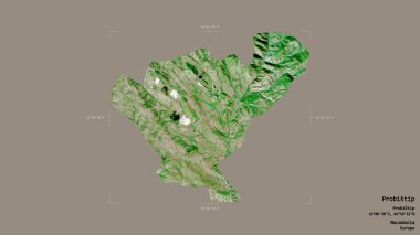 Makedonya Belediyesi Probistip bölgesi, jeoreferatlı bir sınır kutusunda sağlam bir zemin üzerinde izole edilmiş durumda. Etiketler. Uydu görüntüleri. 3B görüntüleme