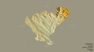 Makedonya Belediyesi Probistip bölgesi, jeoreferatlı bir sınır kutusunda sağlam bir zemin üzerinde izole edilmiş durumda. Etiketler. Topografik yardım haritası. 3B görüntüleme