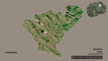 Makedonya 'nın Probistip belediyesi, başkenti sağlam bir zemin üzerinde izole edilmiş durumda. Uzaklık ölçeği, bölge önizlemesi ve etiketleri. Uydu görüntüleri. 3B görüntüleme