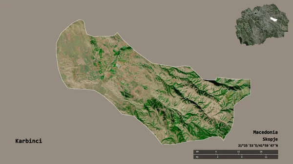 马其顿市Karbinci的形状 其首都在坚实的背景下与世隔绝 距离尺度 区域预览和标签 卫星图像 3D渲染 — 图库照片