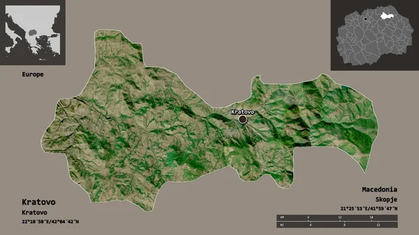 马其顿市克拉多沃市及其首府的形状 距离刻度 预览和标签 卫星图像 3D渲染 — 图库照片