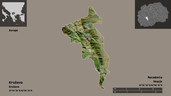 马其顿共和国克鲁塞沃的形状及其首都 距离刻度 预览和标签 卫星图像 3D渲染 — 图库照片
