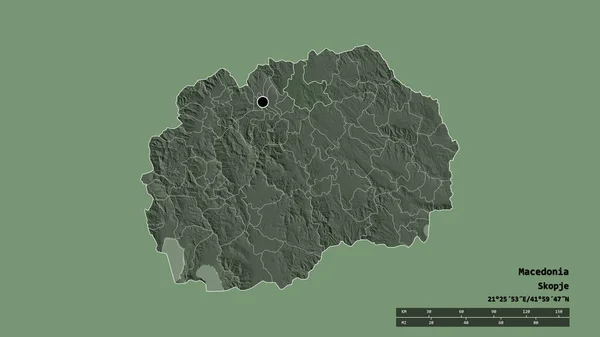 主要な地域部門と分離されたクマノヴォ地域とマケドニアの荒廃した形 ラベル 色の標高マップ 3Dレンダリング — ストック写真