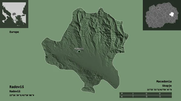 ラドビスの形 マケドニアの自治体 その首都 距離スケール プレビューおよびラベル 色の標高マップ 3Dレンダリング — ストック写真