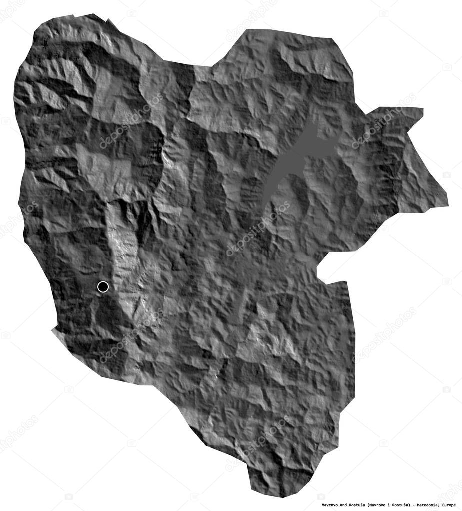 Shape of Mavrovo and Rostusa, municipality of Macedonia, with its capital isolated on white background. Bilevel elevation map. 3D rendering
