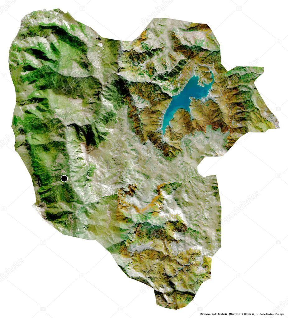 Shape of Mavrovo and Rostusa, municipality of Macedonia, with its capital isolated on white background. Satellite imagery. 3D rendering