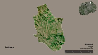 Makedonya 'nın Rankovce belediyesi, başkenti sağlam arka planda izole edilmiş durumda. Uzaklık ölçeği, bölge önizlemesi ve etiketleri. Uydu görüntüleri. 3B görüntüleme