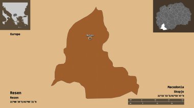 Resen 'in şekli, Makedonya belediyesi ve başkenti. Uzaklık ölçeği, ön gösterimler ve etiketler. Düzenli desenli dokuların bileşimi. 3B görüntüleme