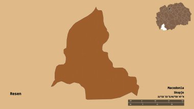 Makedonya 'nın Resen belediyesi, başkenti sağlam bir zemin üzerinde izole edilmiş durumda. Uzaklık ölçeği, bölge önizlemesi ve etiketleri. Düzenli desenli dokuların bileşimi. 3B görüntüleme