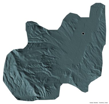 Makedonya 'nın Rosoman belediyesi, başkenti beyaz arka planda izole edilmiş durumda. Renkli yükseklik haritası. 3B görüntüleme