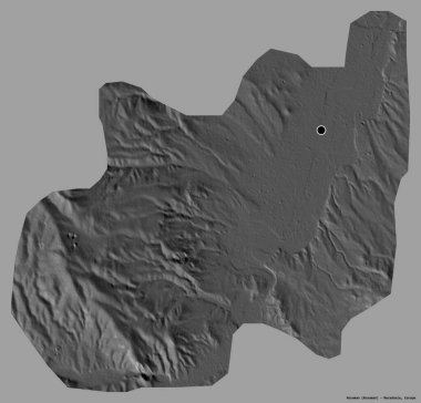 Makedonya Belediyesi Rosoman 'ın şekli, sermayesi sağlam bir renk zemininde izole edilmiş. Çift seviyeli yükseklik haritası. 3B görüntüleme