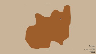 Makedonya 'nın Rosoman belediyesi bölgesi, jeoreferatlı bir sınır kutusunun sağlam bir arka planında izole edilmiş durumda. Etiketler. Desenli dokuların bileşimi. 3B görüntüleme