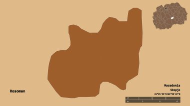 Makedonya 'nın Rosoman belediyesi, başkenti sağlam bir zemin üzerinde izole edilmiş durumda. Uzaklık ölçeği, bölge önizlemesi ve etiketleri. Düzenli desenli dokuların bileşimi. 3B görüntüleme