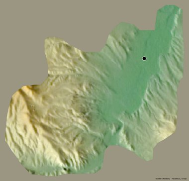 Makedonya Belediyesi Rosoman 'ın şekli, sermayesi sağlam bir renk zemininde izole edilmiş. Topografik yardım haritası. 3B görüntüleme