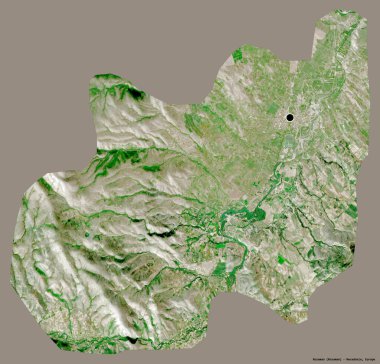 Makedonya Belediyesi Rosoman 'ın şekli, sermayesi sağlam bir renk zemininde izole edilmiş. Uydu görüntüleri. 3B görüntüleme