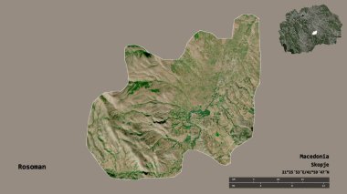 Makedonya 'nın Rosoman belediyesi, başkenti sağlam bir zemin üzerinde izole edilmiş durumda. Uzaklık ölçeği, bölge önizlemesi ve etiketleri. Uydu görüntüleri. 3B görüntüleme