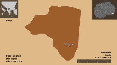 Makedonya Belediyesi ve başkenti Yıldız Dojran 'ın şekli. Uzaklık ölçeği, ön gösterimler ve etiketler. Düzenli desenli dokuların bileşimi. 3B görüntüleme