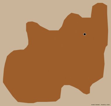 Makedonya Belediyesi Rosoman 'ın şekli, sermayesi sağlam bir renk zemininde izole edilmiş. Desenli dokuların bileşimi. 3B görüntüleme