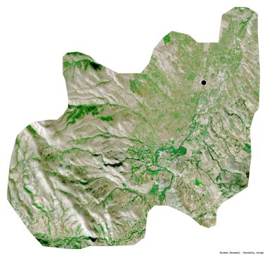 Makedonya 'nın Rosoman belediyesi, başkenti beyaz arka planda izole edilmiş durumda. Uydu görüntüleri. 3B görüntüleme