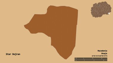 Makedonya 'nın başkenti sağlam bir zemin üzerinde izole edilmiş durumdaki Star Dojran beldesi. Uzaklık ölçeği, bölge önizlemesi ve etiketleri. Düzenli desenli dokuların bileşimi. 3B görüntüleme