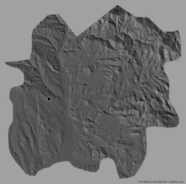 Makedonya 'nın başkenti Staro Nagoricane' nin katı renk arkaplanı ile izole edilmiş şekli. Çift seviyeli yükseklik haritası. 3B görüntüleme