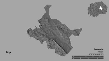 Makedonya Belediyesi Stip 'in başkenti sağlam bir zemin üzerinde izole edilmiş durumda. Uzaklık ölçeği, bölge önizlemesi ve etiketleri. Çift seviyeli yükseklik haritası. 3B görüntüleme