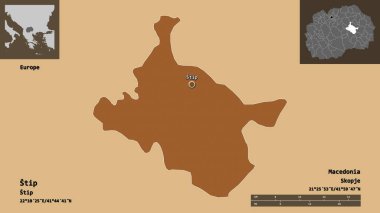 Makedonya Belediyesi Stip ve başkenti. Uzaklık ölçeği, ön gösterimler ve etiketler. Düzenli desenli dokuların bileşimi. 3B görüntüleme