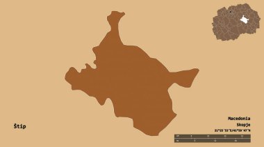 Makedonya Belediyesi Stip 'in başkenti sağlam bir zemin üzerinde izole edilmiş durumda. Uzaklık ölçeği, bölge önizlemesi ve etiketleri. Düzenli desenli dokuların bileşimi. 3B görüntüleme