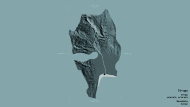 Makedonya Belediyesi Struga bölgesi, jeoreferatlı bir sınır kutusunun sağlam bir arka planında izole edilmiş durumda. Etiketler. Renkli yükseklik haritası. 3B görüntüleme