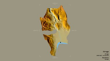 Makedonya Belediyesi Struga bölgesi, jeoreferatlı bir sınır kutusunun sağlam bir arka planında izole edilmiş durumda. Etiketler. Topografik yardım haritası. 3B görüntüleme