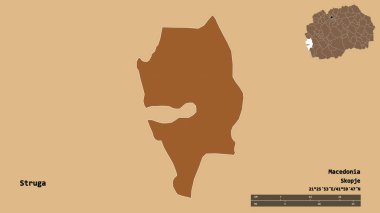 Makedonya 'nın Struga belediyesi, başkenti sağlam bir zemin üzerinde izole edilmiş durumda. Uzaklık ölçeği, bölge önizlemesi ve etiketleri. Düzenli desenli dokuların bileşimi. 3B görüntüleme