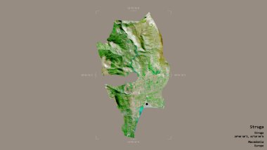 Makedonya Belediyesi Struga bölgesi, jeoreferatlı bir sınır kutusunun sağlam bir arka planında izole edilmiş durumda. Etiketler. Uydu görüntüleri. 3B görüntüleme