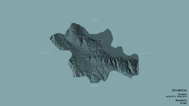 Makedonya 'nın Strumitsa belediyesi, jeoreferatlı bir sınır kutusunun sağlam bir arka planında izole edilmiş durumda. Etiketler. Renkli yükseklik haritası. 3B görüntüleme