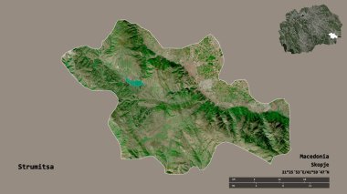 Makedonya 'nın Strumitsa belediyesi, başkenti sağlam bir zemin üzerinde izole edilmiş durumda. Uzaklık ölçeği, bölge önizlemesi ve etiketleri. Uydu görüntüleri. 3B görüntüleme