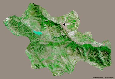 Makedonya 'nın Strumitsa belediyesi, başkenti katı renk arka planına izole edilmiş durumda. Uydu görüntüleri. 3B görüntüleme