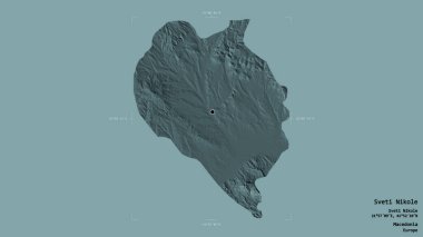 Makedonya Belediyesi 'nin Sveti Nikole bölgesi, jeoreferatlı bir sınır kutusunda sağlam bir zemin üzerinde izole edilmiş durumda. Etiketler. Renkli yükseklik haritası. 3B görüntüleme