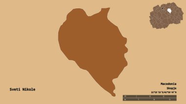 Makedonya belediyesi Sveti Nikole 'un başkenti sağlam bir zemin üzerinde izole edilmiş durumda. Uzaklık ölçeği, bölge önizlemesi ve etiketleri. Düzenli desenli dokuların bileşimi. 3B görüntüleme