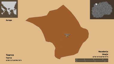 Makedonya 'nın Tearce belediyesi ve başkenti. Uzaklık ölçeği, ön gösterimler ve etiketler. Düzenli desenli dokuların bileşimi. 3B görüntüleme