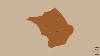 Makedonya Belediyesi 'nin Tearce bölgesi, jeoreferatlı bir sınır kutusunda sağlam bir zemin üzerinde izole edilmiş durumda. Etiketler. Desenli dokuların bileşimi. 3B görüntüleme