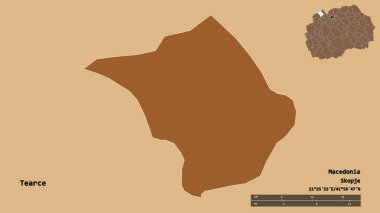 Makedonya 'nın Tearce belediyesi, başkenti sağlam bir zemin üzerinde izole edilmiş durumda. Uzaklık ölçeği, bölge önizlemesi ve etiketleri. Düzenli desenli dokuların bileşimi. 3B görüntüleme