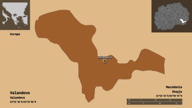 Makedonya Belediyesi ve başkenti Valandovo 'nun şekli. Uzaklık ölçeği, ön gösterimler ve etiketler. Düzenli desenli dokuların bileşimi. 3B görüntüleme